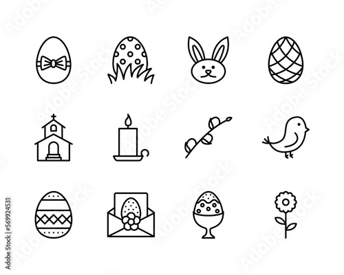Easter flat line icons set. Contains such icons as Colored egg, bunny, basket, cake and chick. Simple flat vector illustration for web site or mobile app