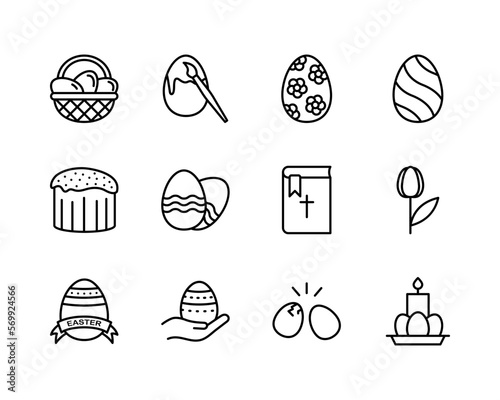Easter flat line icons set. Contains such icons as Colored egg, bunny, basket, cake and chick. Simple flat vector illustration for web site or mobile app
