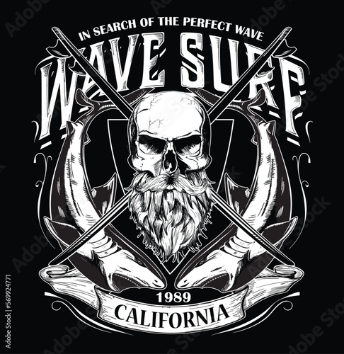 surf typography, t-shirt graphics , vectors shark and skull and surf board silhouette