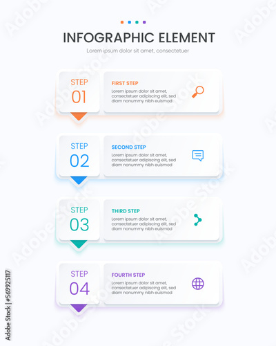 simple infographic design with arrow. 4 steps with colorful glow colors.