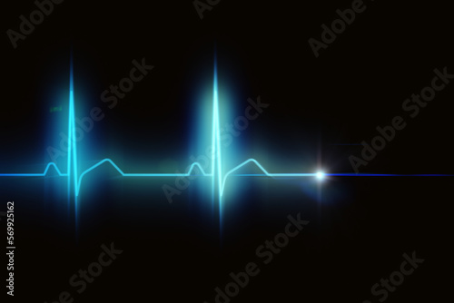 Blue neon glow heartbeat pulse, rhythm, Electrocardiogram, ECG, and EKG signal line illustration on a dark background
