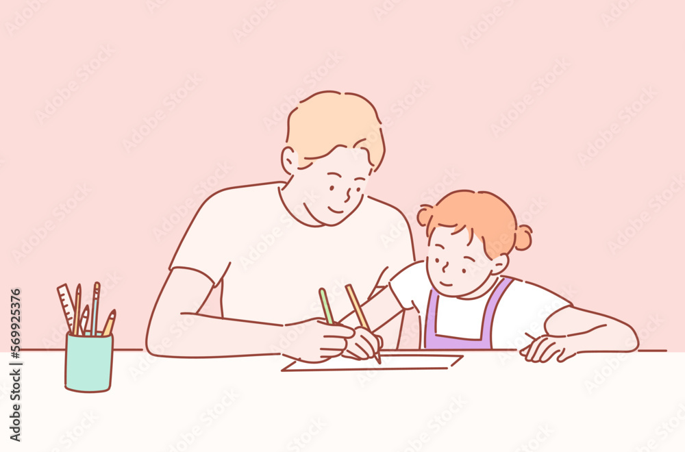 Family Father Daughter Love Parenting Teaching Drawing Togetherness Concept
. Hand drawn style vector design illustrations.