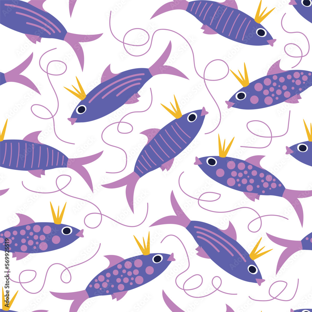 Fish seamless pattern, funny background with sea fish, fairy fish with a crown