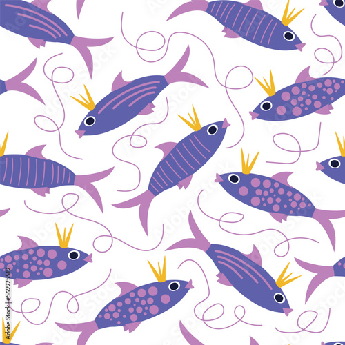 Fish seamless pattern, funny background with sea fish, fairy fish with a crown