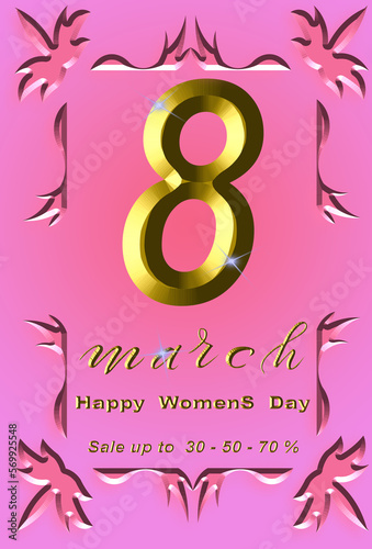 flyer or banner about 30,50,70 percent discount for international women's day on march 8th. 3d illustration