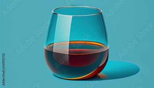  a glass of red wine on a blue background with a shadow on the floor and a half of the glass in the middle of the glass. generative ai
