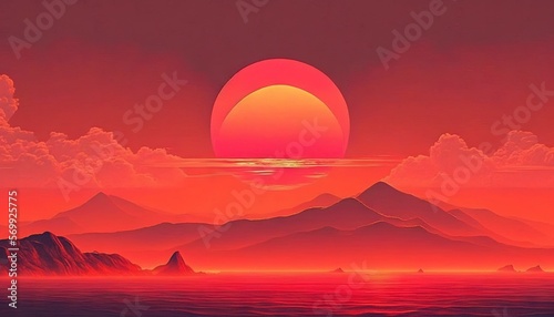  a painting of a sunset with mountains in the background and a red sky with clouds in the foreground and a red sun in the middle of the horizon.  generative ai