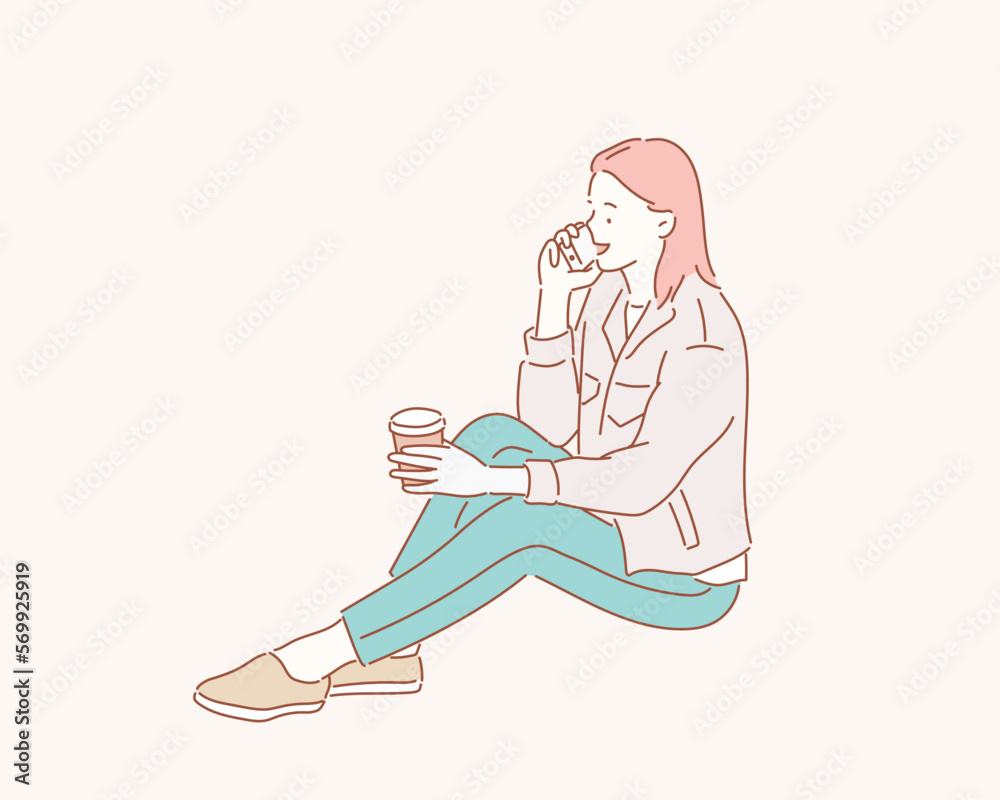Smiling woman sitting on the floor and talking by smartphone over gray background. Hand drawn style vector design illustrations. Smiling woman sitting on the floor and talking by smartphone over gray background. Hand drawn style vector design illustrations.