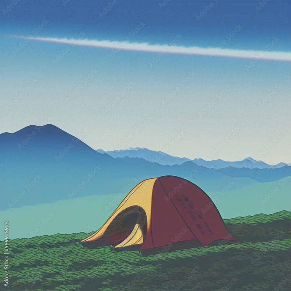浮世絵風のキャンプ　テント　和風