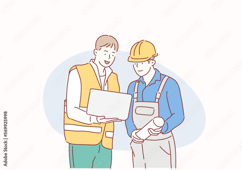 Engineer team working by laptop computer. Hand drawn style vector design illustrations.