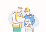 Engineer team working by laptop computer. Hand drawn style vector design illustrations.