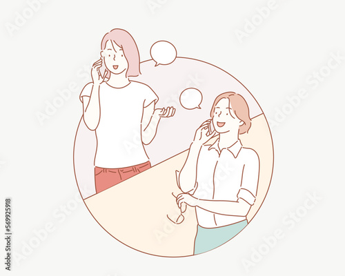 People talking on the phone. Hand drawn style vector design illustrations.