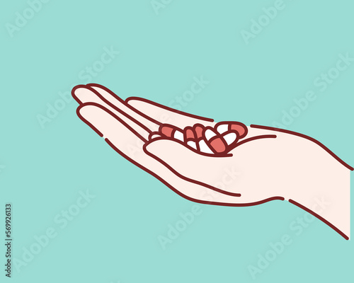 Medicine pills or capsules in hand, Medicine in palm. Hand drawn style vector design illustrations.