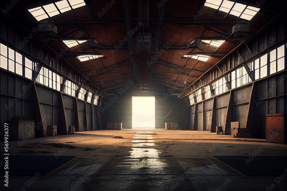 Large empty military hangar or warehouse, interior.