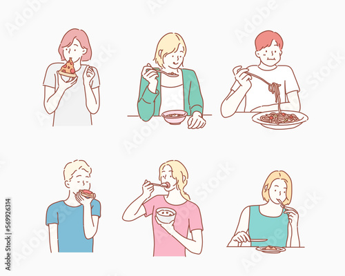 People eating different meals. Hand drawn style vector design illustrations.