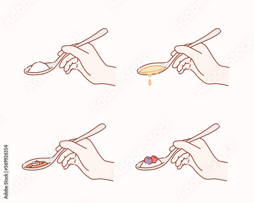 Collage of spoons with different food isolated on white. Hand drawn style vector design illustrations.