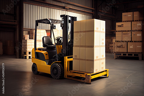Photo A forklift loads pallets and boxes onto racks in a huge hangar or warehouse