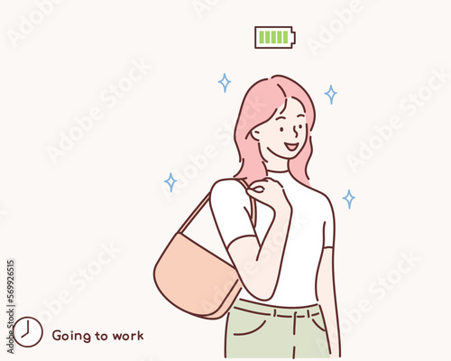 Woman going to work. Happy female character walking on city street. Morning activity of clerk or office worker. Start of day. Hand drawn style vector design illustrations.
