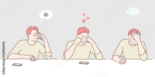 Desperate sad young man looking at bad text message on his mobile phone. Broken heart. Hand drawn style vector design illustrations. photo