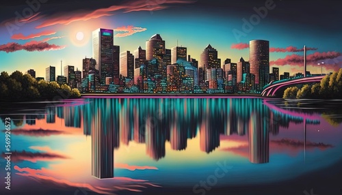  a painting of a city at night with a reflection of the city in the water and a bridge in the foreground with a pink and blue sky. generative ai