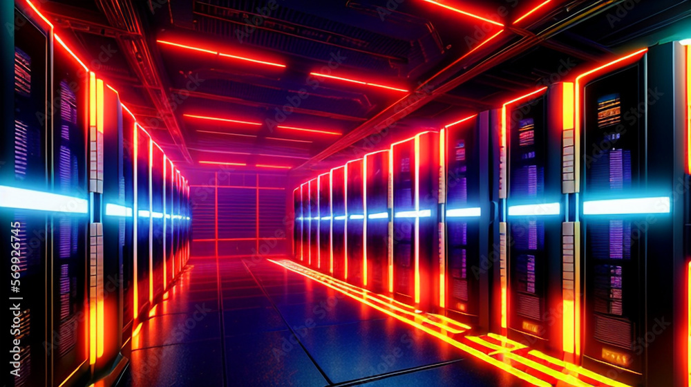 ネオンのように光っているデーターセンターのイメージ