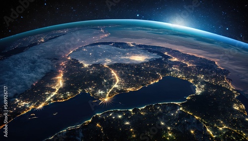  a view of the earth from space at night, with lights of cities and lights of lights on the land and the water in the ocean. generative ai