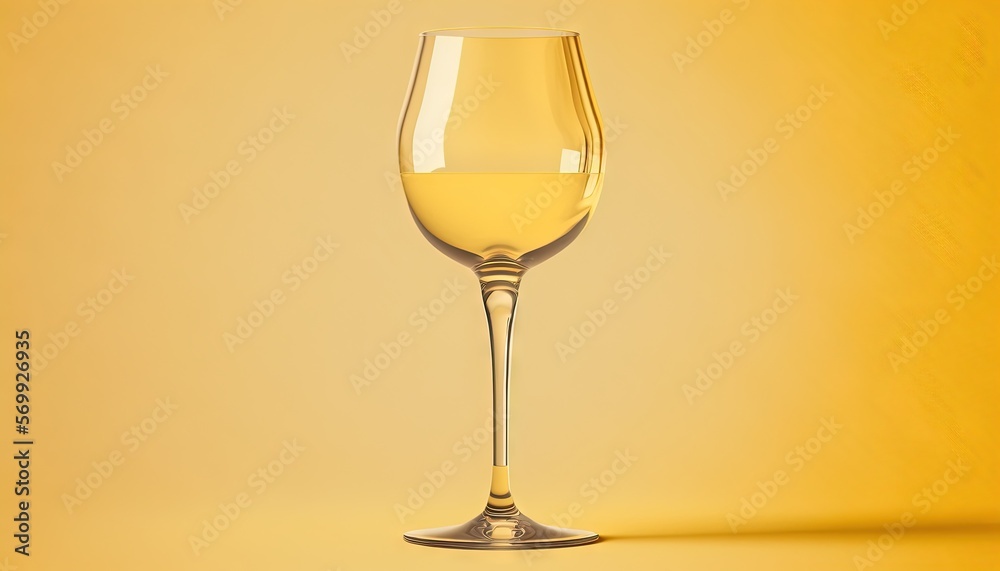  a glass of white wine on a yellow background with a shadow of a wine glass in the middle of the glass is half empty and half empty.  generative ai