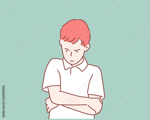 Angry boy actions. Angry child in a pose, arms crossed, with a disgruntled look on him face. bullying children.Hand drawn style vector design illustrations.