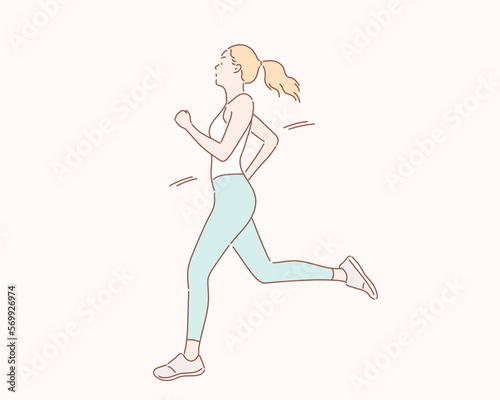 Running sporty woman on white background. Hand drawn style vector design illustrations.