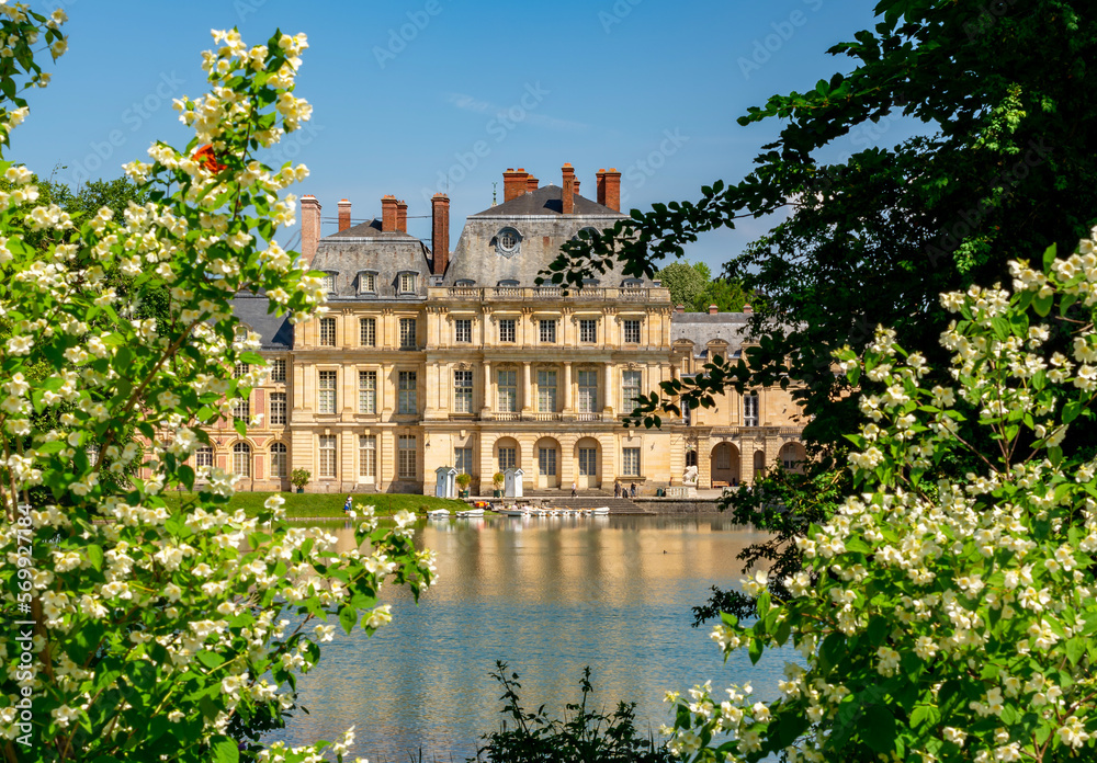 Fontainebleau palace and park outside Paris in spring, France