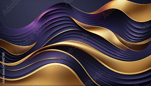  an abstract background with a wavy design in gold and purple colors on a black background with a gold stripe in the middle of the image. generative ai