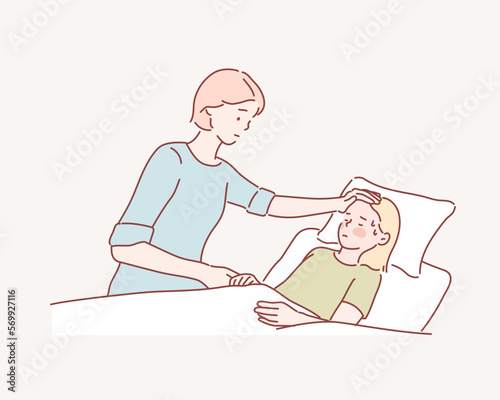 Mom looking at sleeping daughter suffering flu. Hand drawn style vector design illustrations.