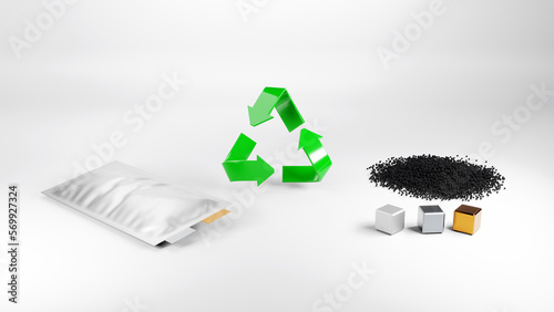 Degraded lithium polymer cell, recycling symbol and lithium battery components. The concept of recycling used lithium batteries. 3D render