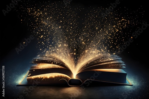 Magic Book With Open Pages And Abstract Lights Shining In Darkness - Fairytale book Concept