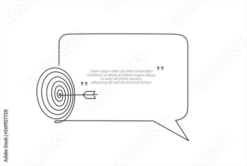 Continuous one line drawing of arrow on target circle and speech bubble. Trendy line art vector on a white background. Vector illustration.