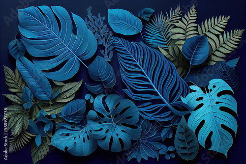 Collection of tropical leavesfoliage plant in blue color. Generative AI