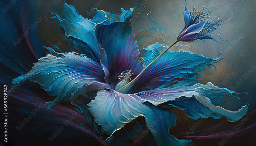 Obraz premium a painting of a blue flower on a black background with a blue flower in the middle of the painting and a blue flower in the middle of the painting. generative ai