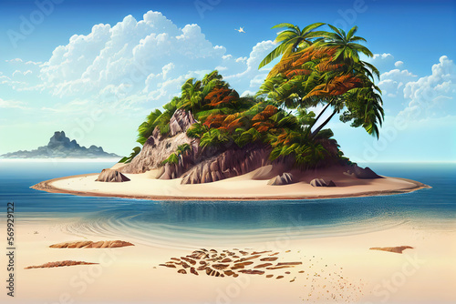 Realistic Sandy tropical beach with island on background. Generative AI