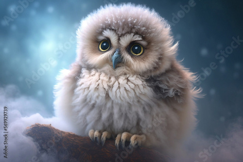 funny fluffy owl chick looks dreamy