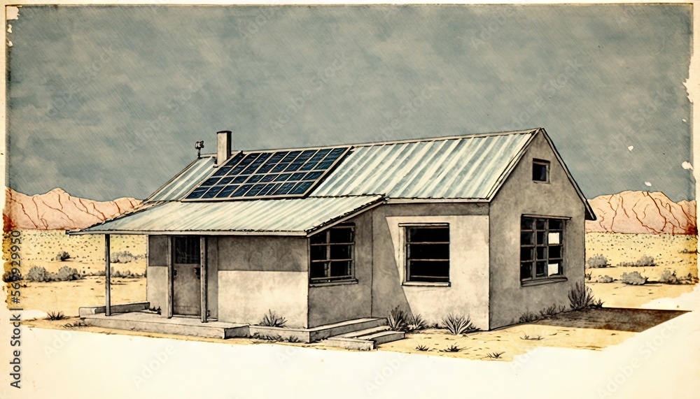  a drawing of a small house with a solar panel on the roof and a chimney on top of the roof, in a desert area with mountains in the background.  generative ai