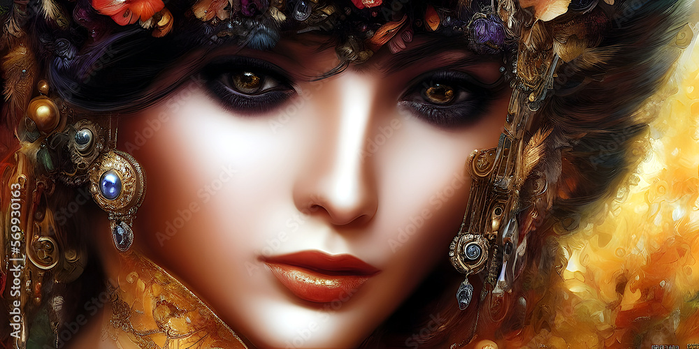 Portrait einer hübschen Frau mit Schmuck. created with psychedelic generative AI technology KEINE REALE PERSON Portrait einer hübschen Frau mit Schmuck. created with psychedelic generative AI technology KEINE REALE PERSON