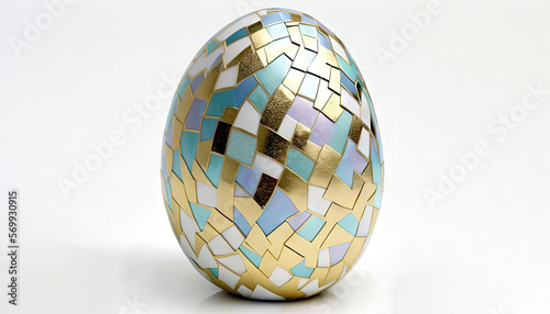  an egg with a mosaic pattern on it's side is shown in front of a white background with a white background and a white backdrop. generative ai