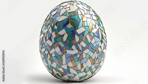  a mosaic egg sitting on top of a white tablecloth covered tablecloth with a blue and green design on it's side and a white background. generative ai