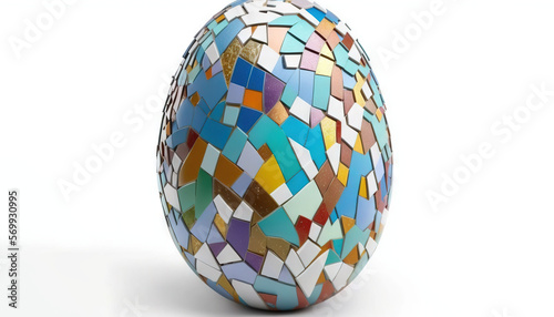 a mosaic egg sitting on top of a white tablecloth covered tablecloth with a white wall in the background and a white background with a white backdrop. generative ai