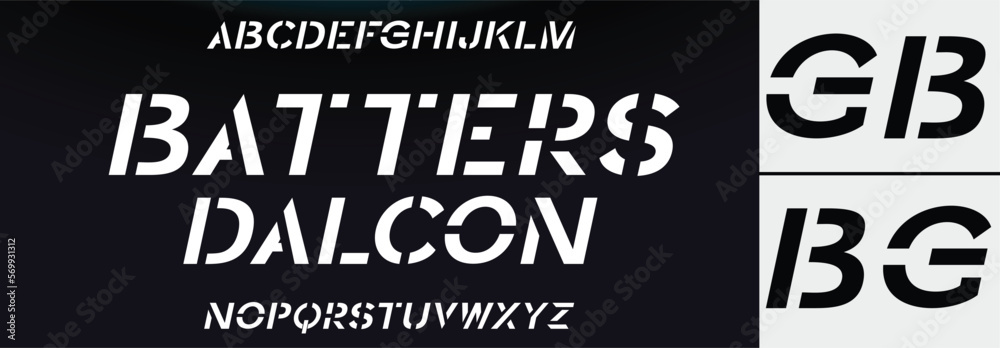 BATTERS DALCON Sports minimal tech font letter set. Luxury vector typeface for company. Modern gaming fonts logo design.