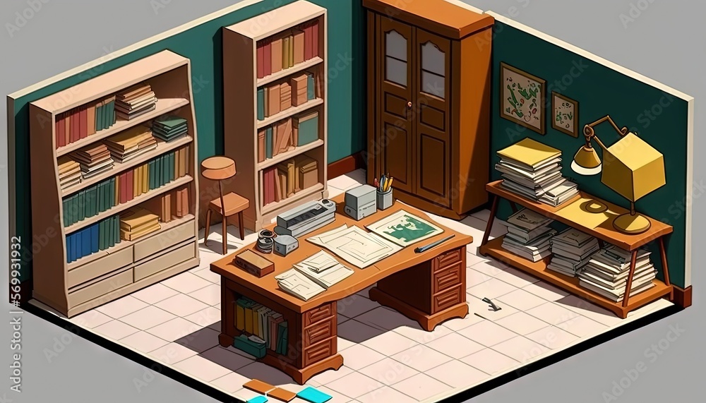 a computer desk sitting in front of a book shelf filled with books and a lamp on top of a wooden desk next to a bookshelf. generative ai a computer desk sitting in front of a book shelf filled with books and a lamp on top of a wooden desk next to a bookshelf. generative ai