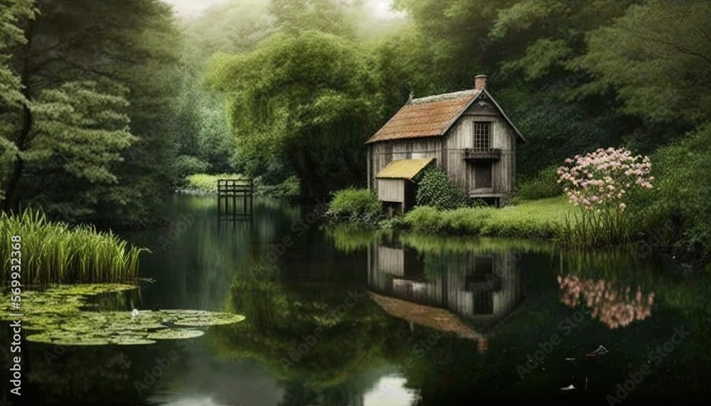  a painting of a pond with a house in the middle of it and lily pads in the foreground and a dock in the background.  generative ai