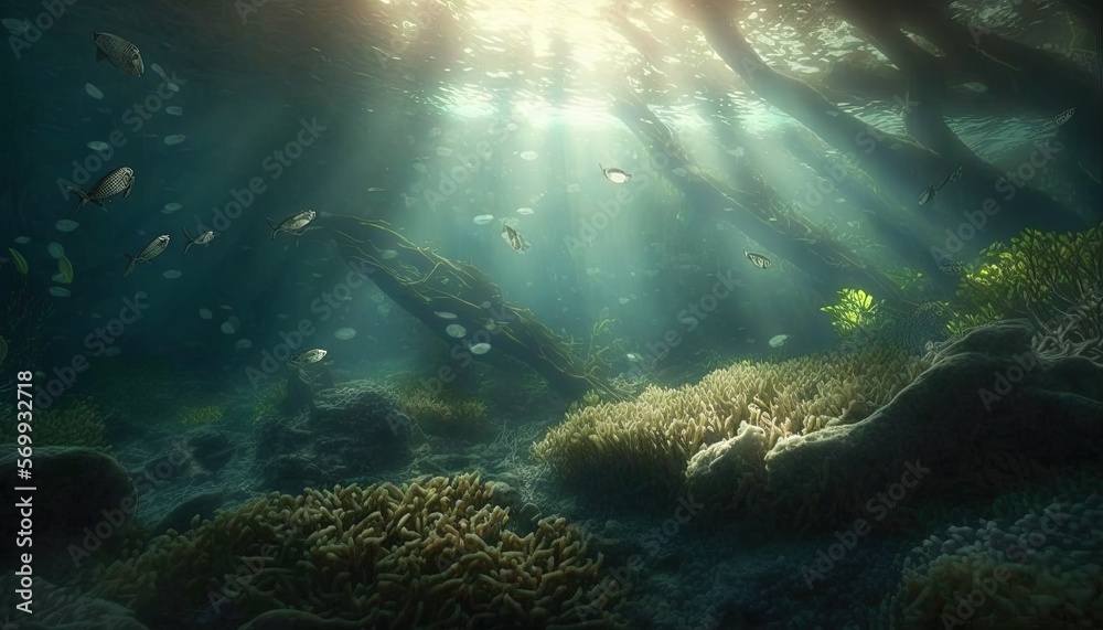  an underwater scene of a coral reef with sunlight streaming through the water and fish swimming in the corals below the water surface, with sunlight streaming through the water.  generative ai