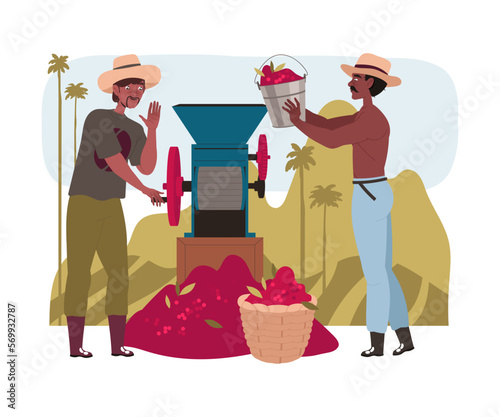 Man in Hat Hulling Coffee Crop in Machine Vector Illustration