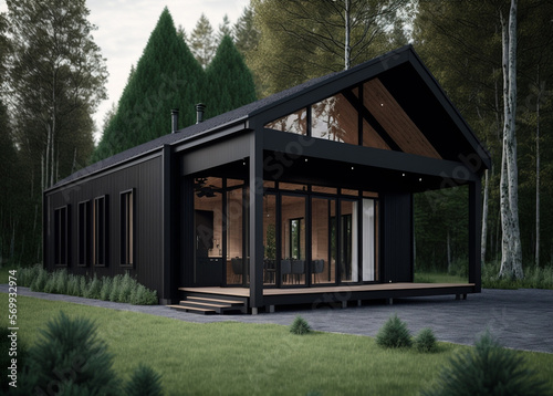 exterior concept sketch of a modern minimalist cozy house with garden in forest  Generative AI © Liliia